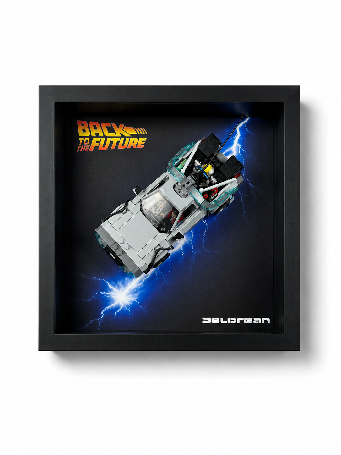 Cadre LEGO Speed Champions DeLorean Retour vers le Futur 77256 avec voiture exposée