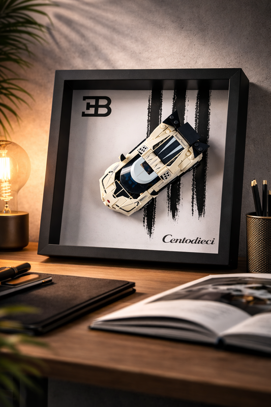 Cadre mural compatible LEGO Speed Champions Bugatti Centodieci décoration supercar Blanc et noir 